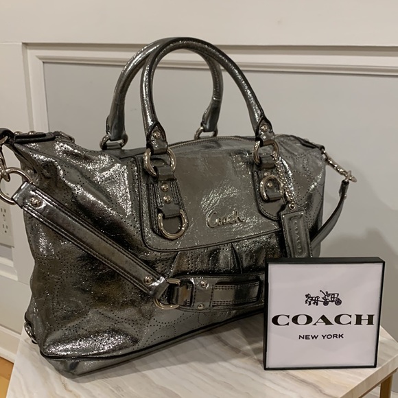 Coach Handbags - Coach Vintage Ashley Silver Leather Perforated Signature Logo Satchel Bag EUC